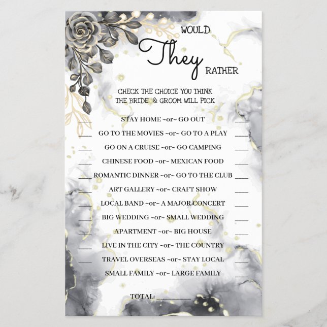 Would They Rather Black Roses Shower Game Card (Front)