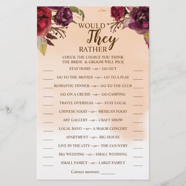 Would They Rather Burgundy Shower Game Card (Front)