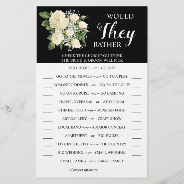 Would They Rather Couples Shower Game Card (Front)