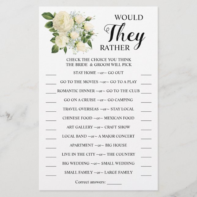 Would They Rather Couples Shower Game Card (Front)