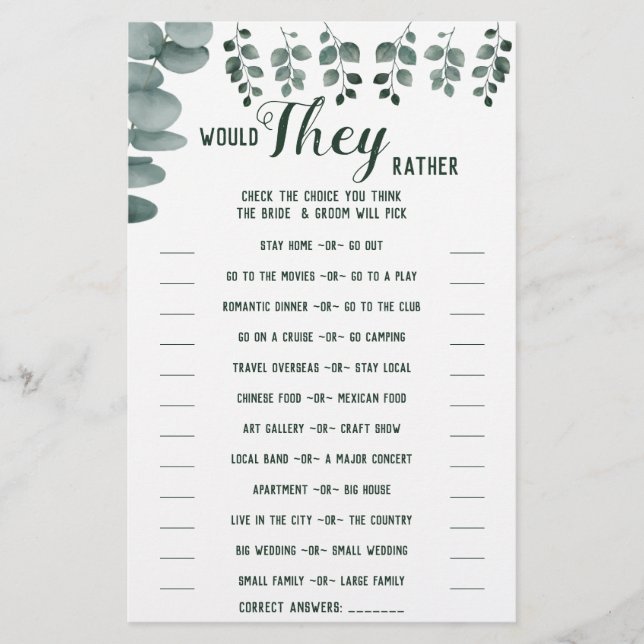 Would They Rather Eucalyptus Shower Game Card (Front)