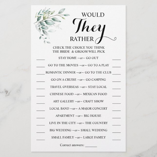 Would They Rather Eucalyptus Shower Game Card (Front)