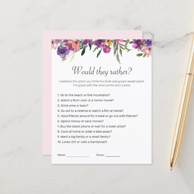  Would They Rather Floral Bridal Shower Party Game (Front/Back In Situ)