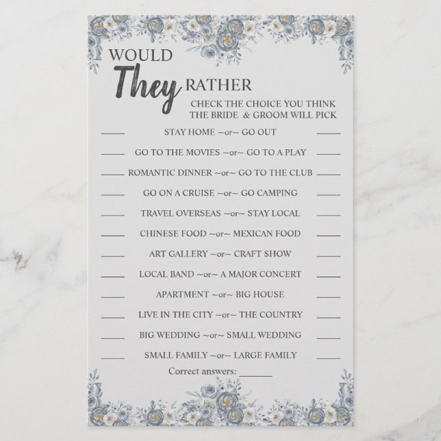 Would They Rather Grey Floral Shower Game Card (Front)