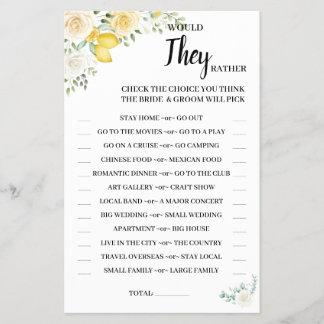 Would They Rather Lemons & Roses Shower Game Card
