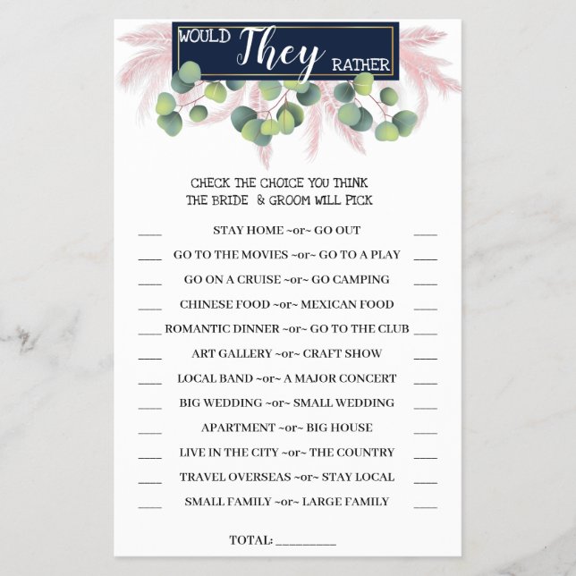 Would They Rather Pampas Grass Shower Game Card (Front)