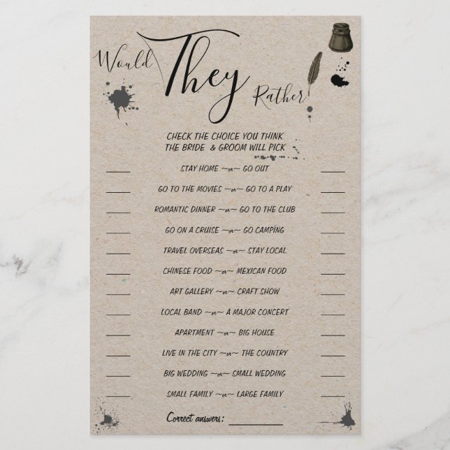 Would They Rather Pen & Inkwell Shower Game Card (Front)