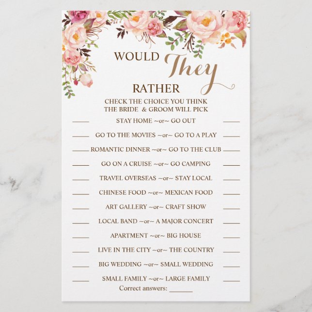Would They Rather Pink Floral Shower Game Card (Front)