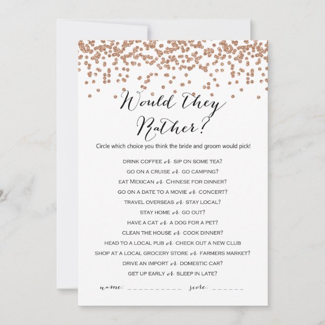 Would They Rather Rose Gold Bridal Shower Game 5x7 Invitation (Front)