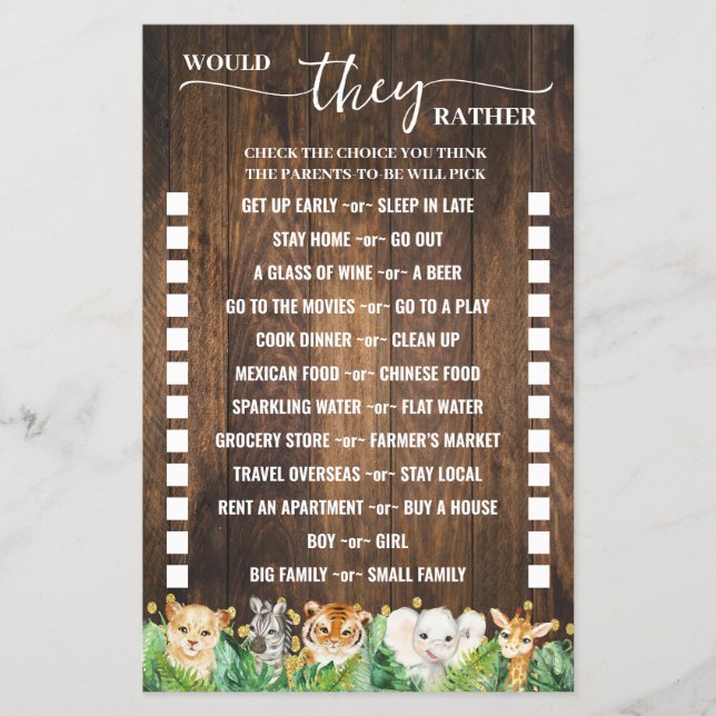 Would They Rather Rustic Safari Shower Game Card (Front)