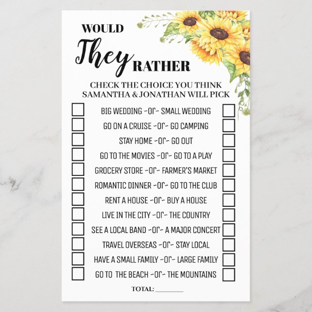 Would They Rather Sunflowers Shower game card (Front)