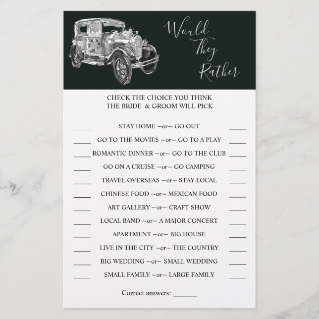 Would They Rather Wedding Car Shower Game Card (Front)