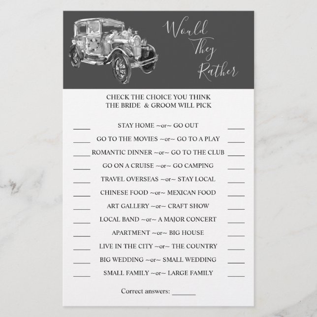 Would They Rather Wedding Car Shower Game Card (Front)