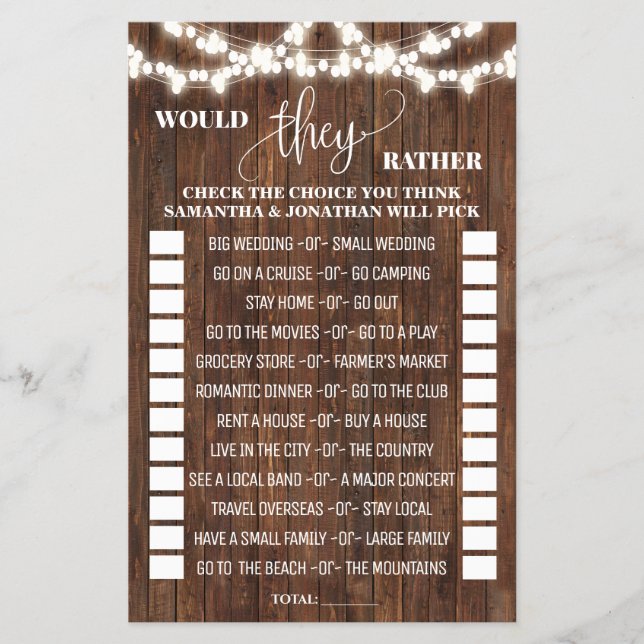 Would They Rather Western Bridal Shower Game Card (Front)