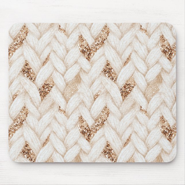 Woven Cream Faux Fabric Gold Glitter Mouse Pad (Front)