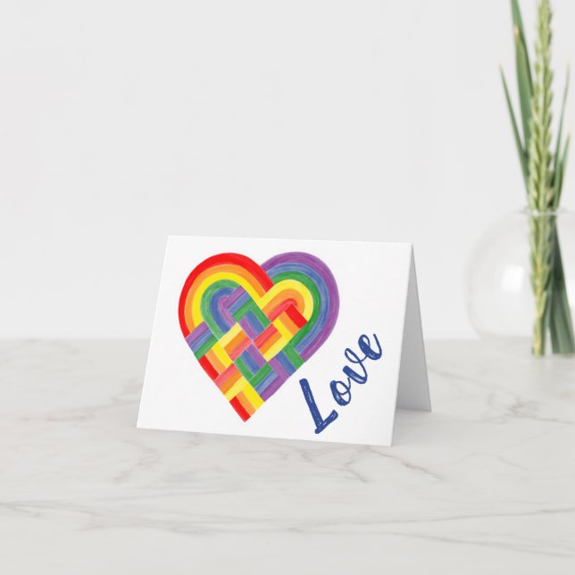 Woven Heart LGBTQ+ Rainbow Pride Flag Note Card (Front)