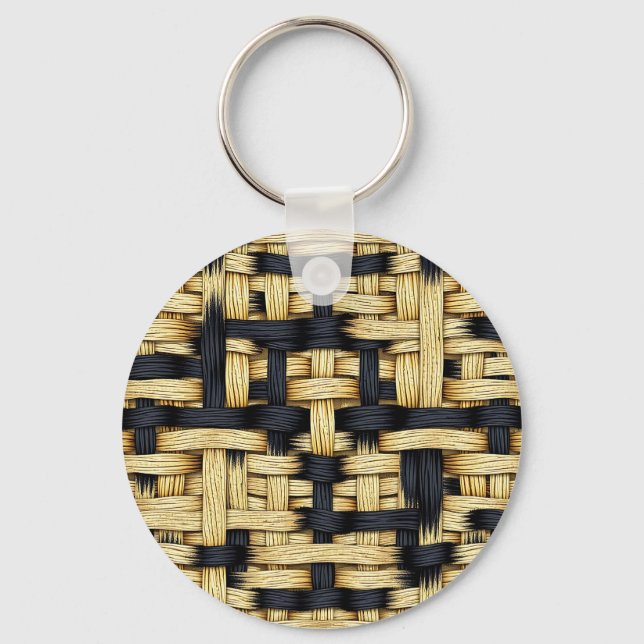 Woven Rattan Basketweave Texture Black Natural  Key Ring (Front)