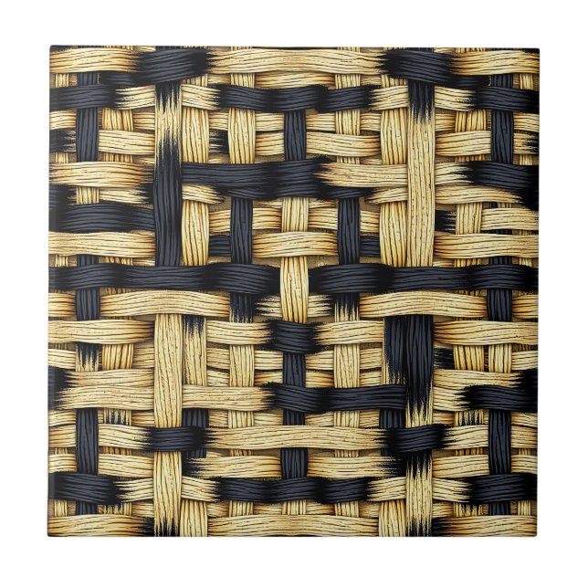Woven Rattan Basketweave Texture Black Natural  Tile (Front)