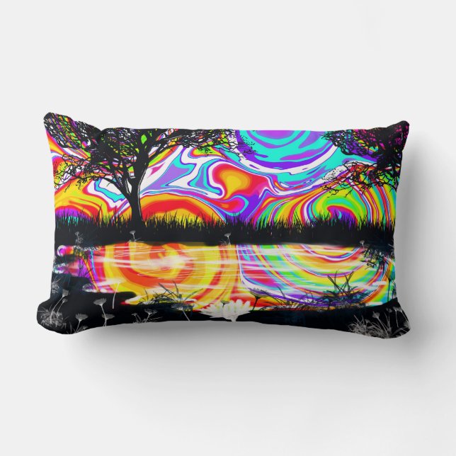 Wow, bright psychedelic with black silhouette tree lumbar cushion (Front)