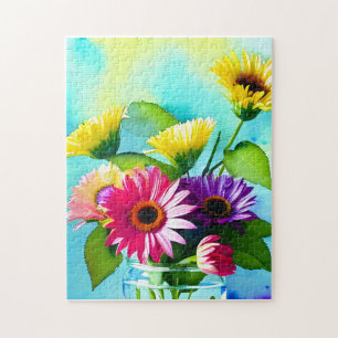 Wow Factor. Vase and Flowers. Vibrant colours Jigsaw Puzzle