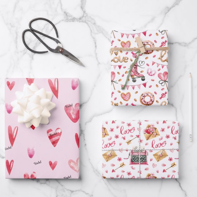WP | 1 Name on Top Sheet, Cute (3) Valentines Wrapping Paper Sheet (Front)