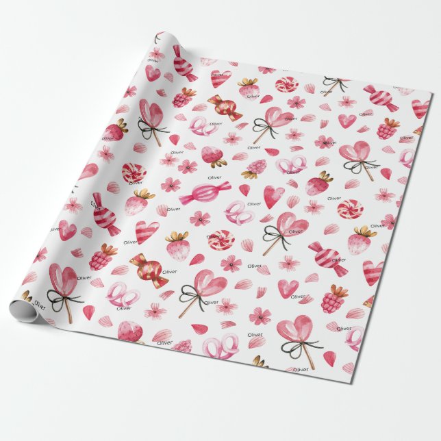 WP | Name, Candy & Hearts 30-in by 6ft Valentines Wrapping Paper (Unrolled)