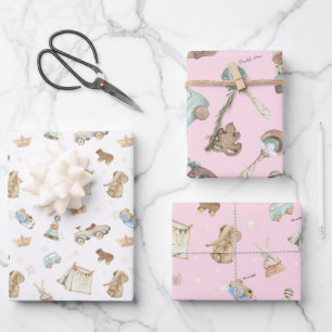 WP Pink   Name Its a Girl on Vintage Toys Wrapping Paper Sheet