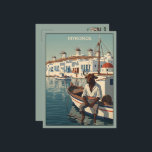 WPA Themed Mykonos  Postcard<br><div class="desc">Greece WPA-vintage travel-poster style meets Greek mythology in this humorous Mykonos harbour postcard, blending classic 1930s design with a calm, seated Minotaur boatman. Inspired by authentic WPA colour fields and geometric shading, the scene captures the whitewashed Cycladic houses, blue shutters, windmills, and a traditional fishing boat at golden hour. It’s...</div>
