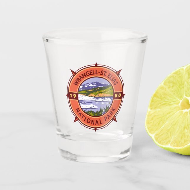 Wrangell St Elias National Park Retro Compass  Shot Glass (Front)