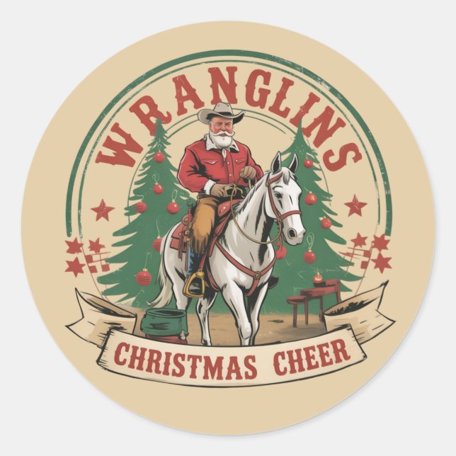 Wrangling Christmas Cheer Cowboy Santa Horse Ride Classic Round Sticker (Front)