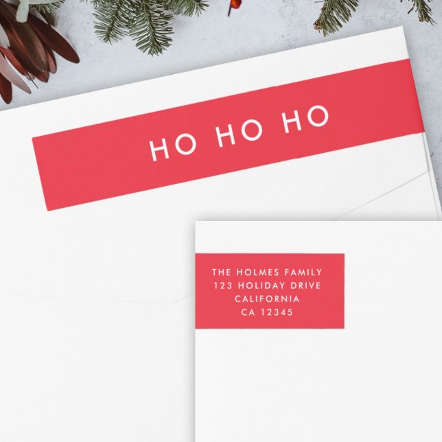 Wrap Around Labels | Christmas Holiday Ho Ho Ho (Modern bright red “Ho Ho Ho” wrap label by Guava for festive mail)