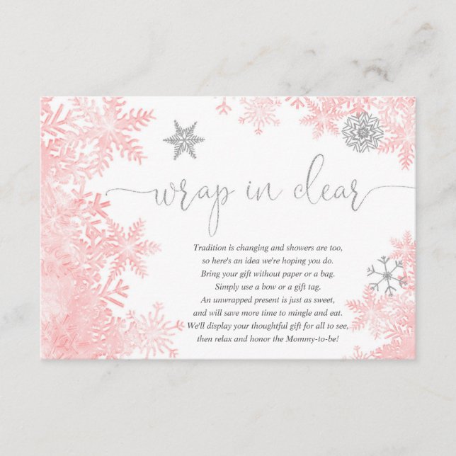 Wrap in clear Pink silver snowflake baby shower Enclosure Card (Front)