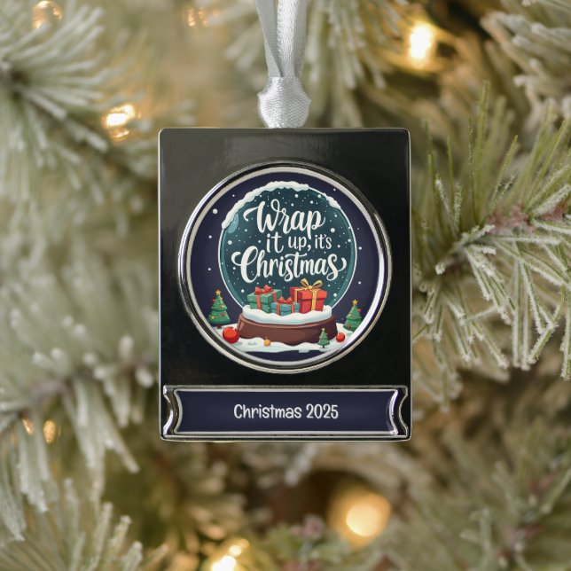 Wrap It Up It’s Christmas Snow Globe Design Silver Plated Banner Ornament (Tree)