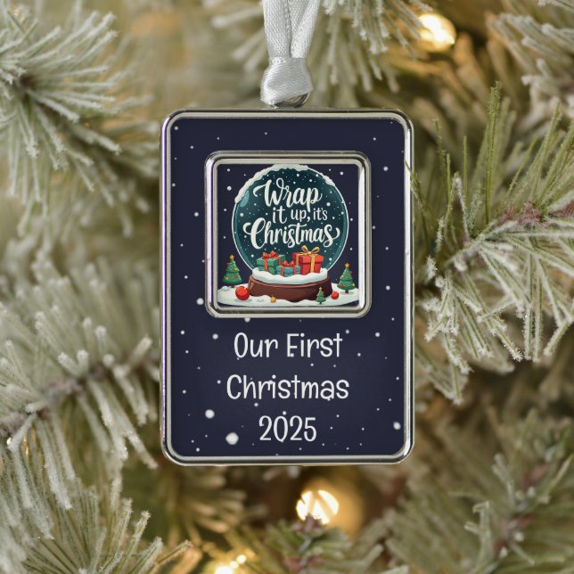 Wrap It Up It’s Christmas Snow Globe Design Silver Plated Framed Ornament (Tree)