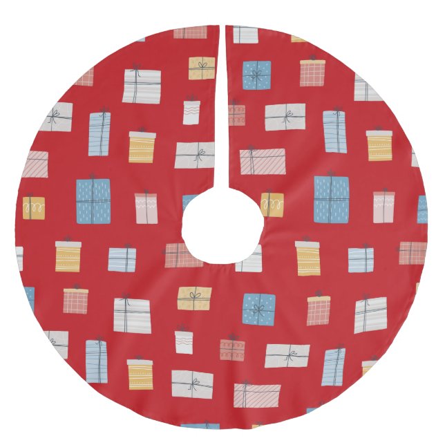 Wrapped Christmas gift presents bows string red Brushed Polyester Tree Skirt (Front)