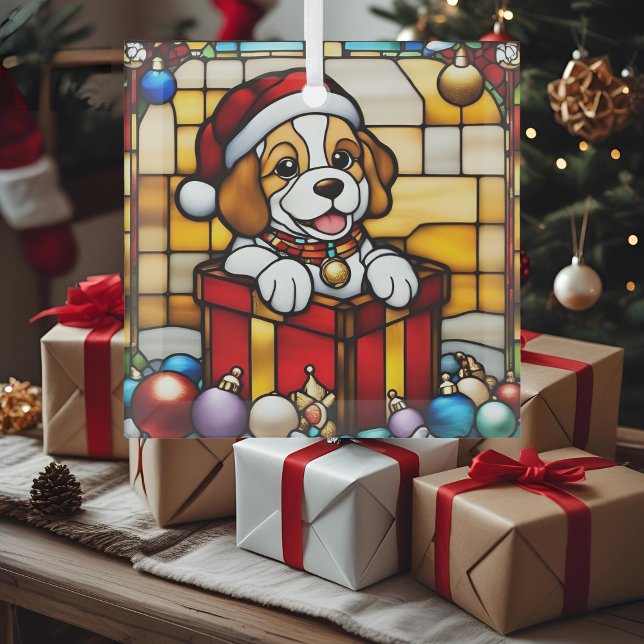 Wrapped Christmas Puppy Faux Stained Glass Tree Decoration (Creator Uploaded)