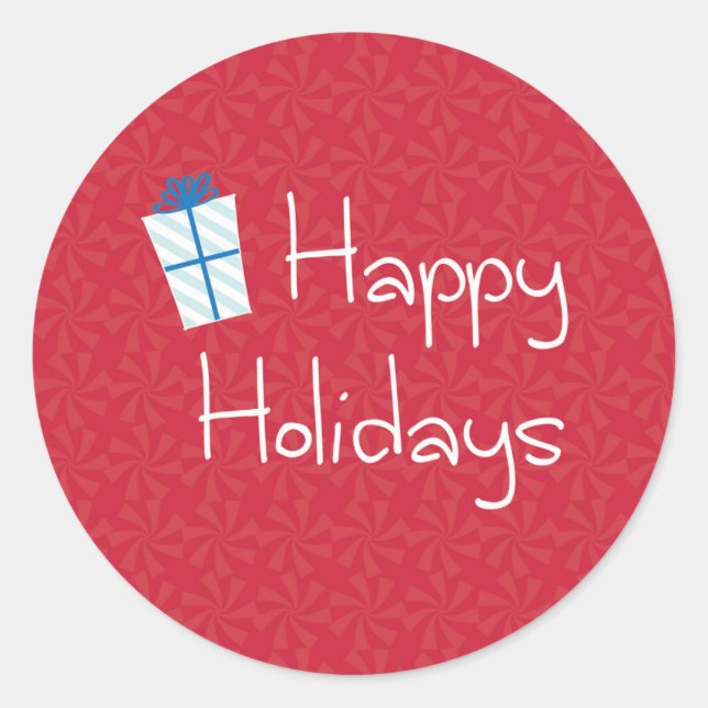 Wrapped Gift with Red Peppermint Happy Holidays Classic Round Sticker (Front)