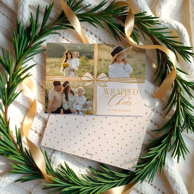 Wrapped in Cheer Elegant Bow Present Photo Collage Holiday Card (Wrapped in Cheer Elegant Bow Present Photo Collage Holiday Card)