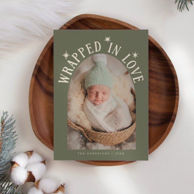 Wrapped In Love Sage Green Photo Birth  Announcement (Creator Uploaded)