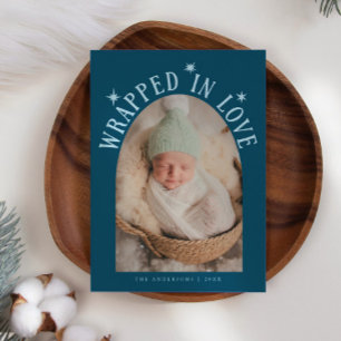 Wrapped In Love Teal Photo Birth Announcement