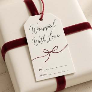 Wrapped With Love Burgundy Bow Minimalist Script Gift Tags