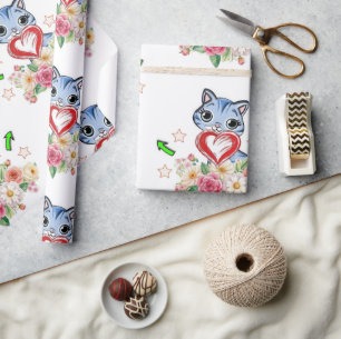 Wrapping Paper Blue Cat Red Heart Floral