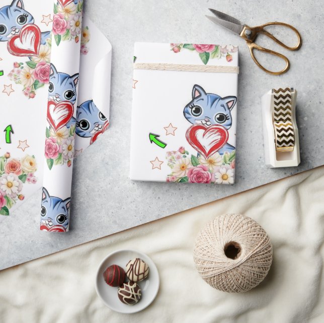 Wrapping Paper Blue Cat Red Heart Floral  (Crafts)