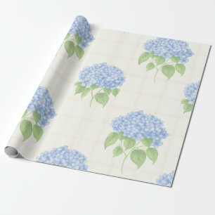 Wrapping Paper Blue Hydrangea Luxe Ivory Plaid