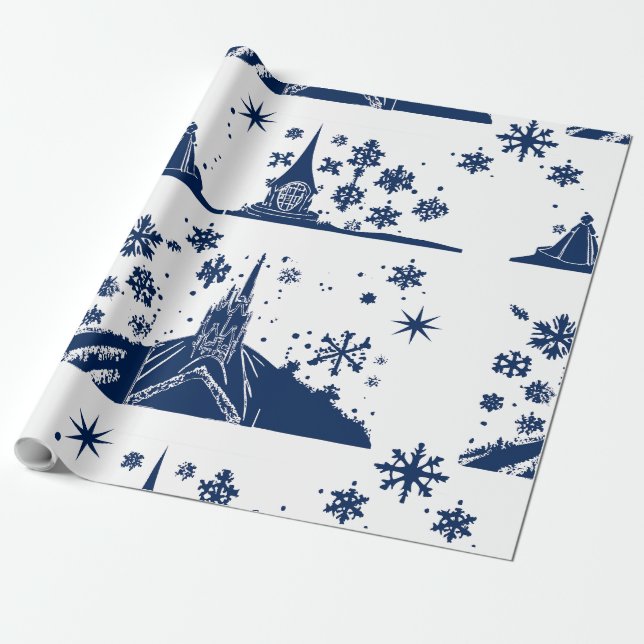 Wrapping Paper Christmas Castle Blue on White (Unrolled)