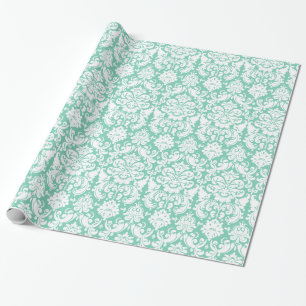Wrapping Paper Damask Floral Mint Green White