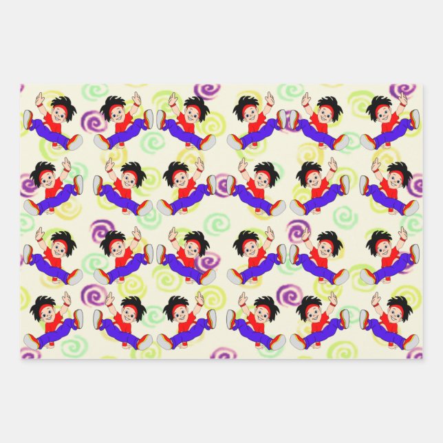 Wrapping paper design of a colourful dancing boy  (Front)