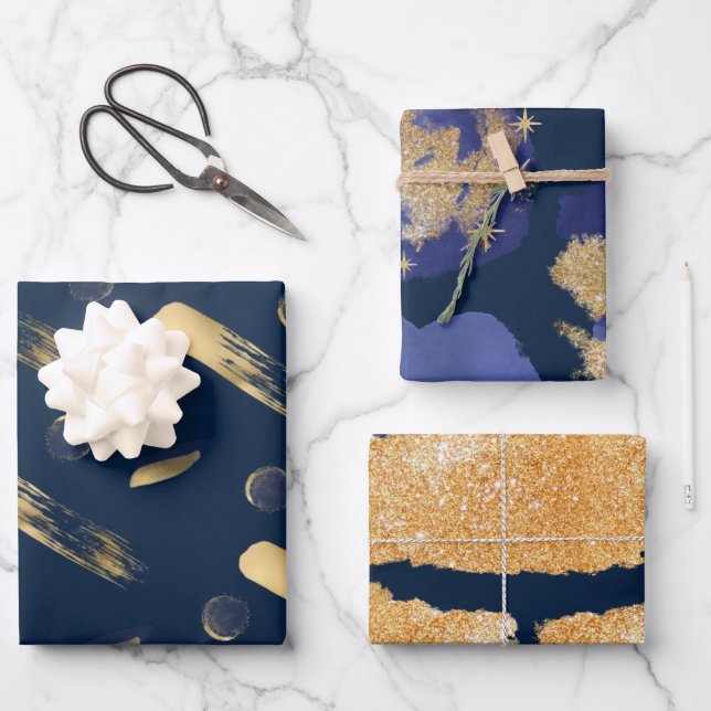 Wrapping Paper Flat Sheet Set of 3 Blue and gold (Front)