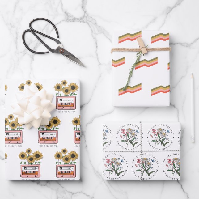 Wrapping Paper Flat Sheet Set of 3, Retro Flowers  (Front)