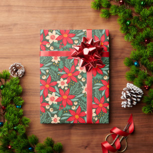 Wrapping paper for Christmas with red poinsettia.
